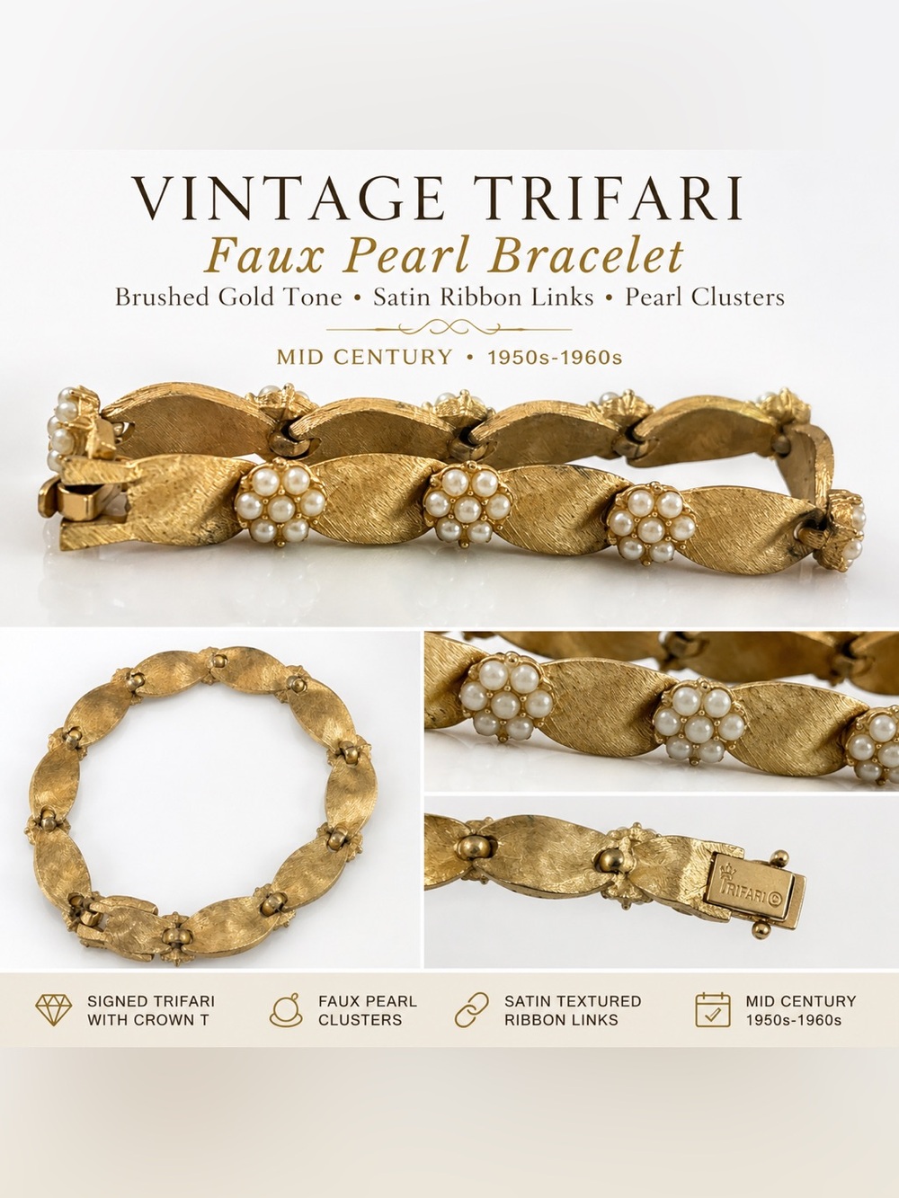 Vintage Trifari Gold Tone Faux Pearl Bracelet Mid Century Satin Ribbon Signed